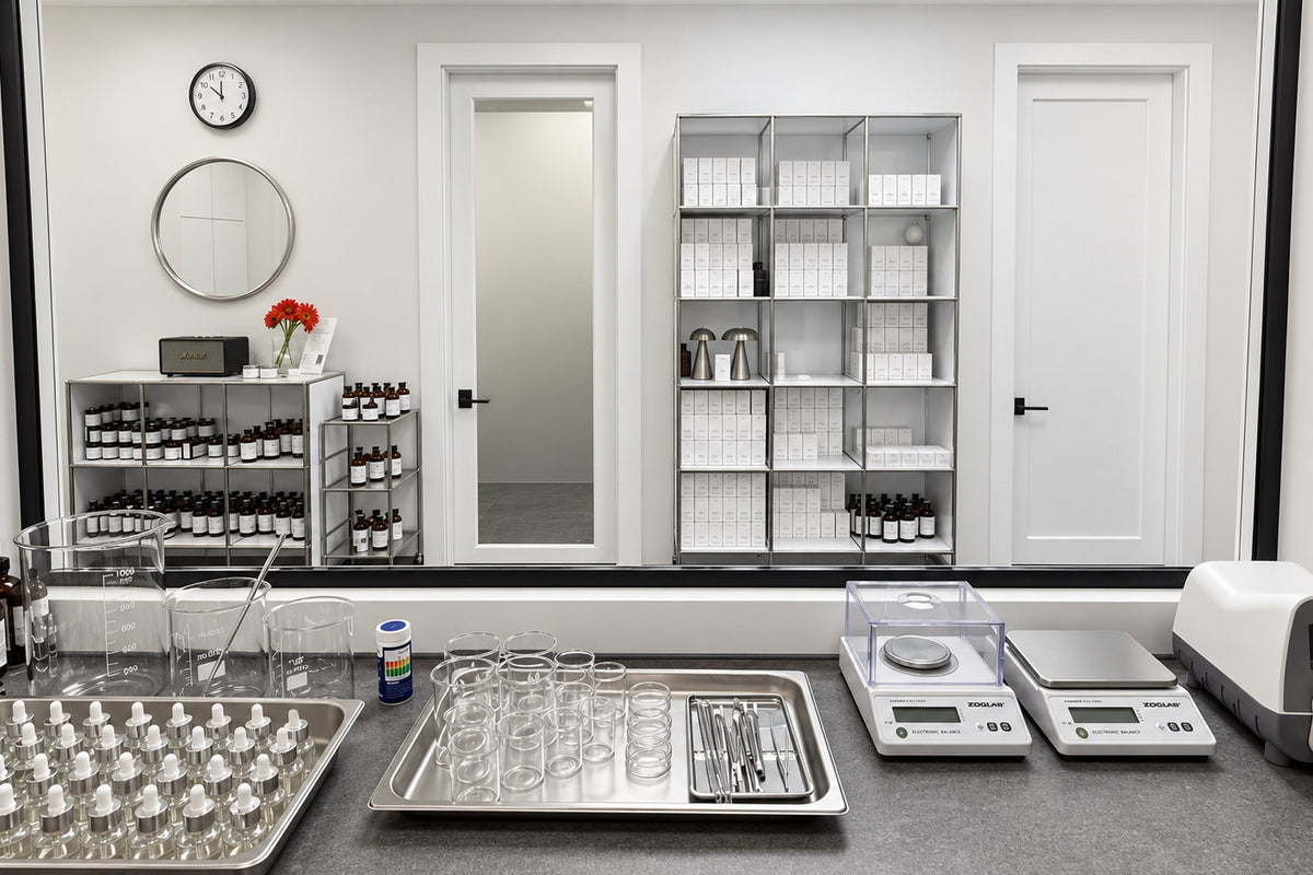 Complete Elixir formulation bench, looking through to the finished goods room